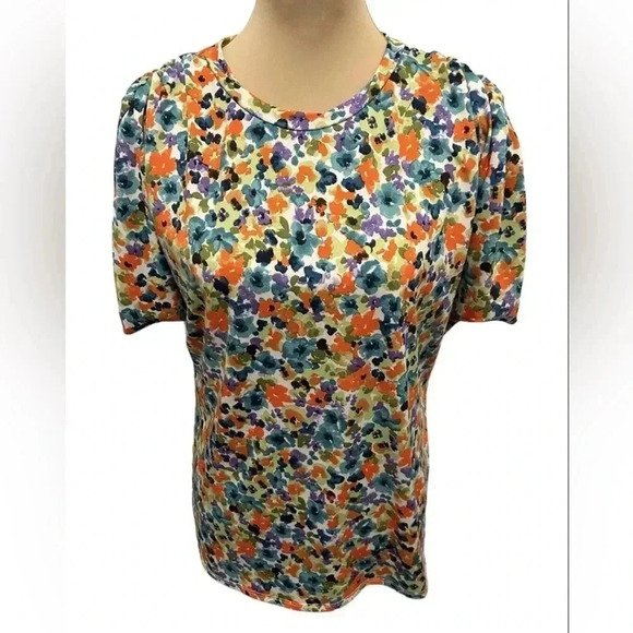 Acting Pro Women's Tie Dyed Colorful Floral Ruched Sleeve Top Sz 1X Soft Stretch - Picture 2 of 9